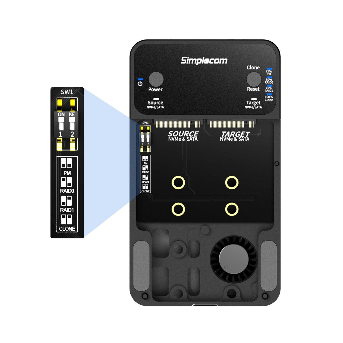 Simplecom SD562 Dual-Bay NVMe/SATA M.2 SSD RAID Enclosure with Offline Clone - Image 3