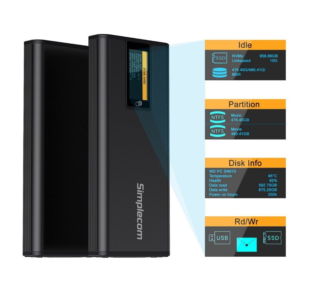 Simplecom SE530 NVMe / SATA M.2 SSD to USB-C Enclosure with SMART LED Screen USB 3.2 Gen 2 10Gbps - Image 2