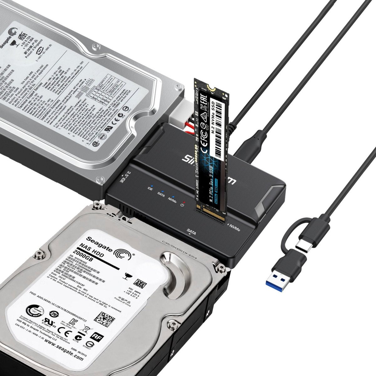 Simplecom SA539 USB to M.2/SATA/IDE 3-IN-1 Adapter for 2.5"/3.5" HDD & NVMe M.2 SSD with Power Supply - Image 3