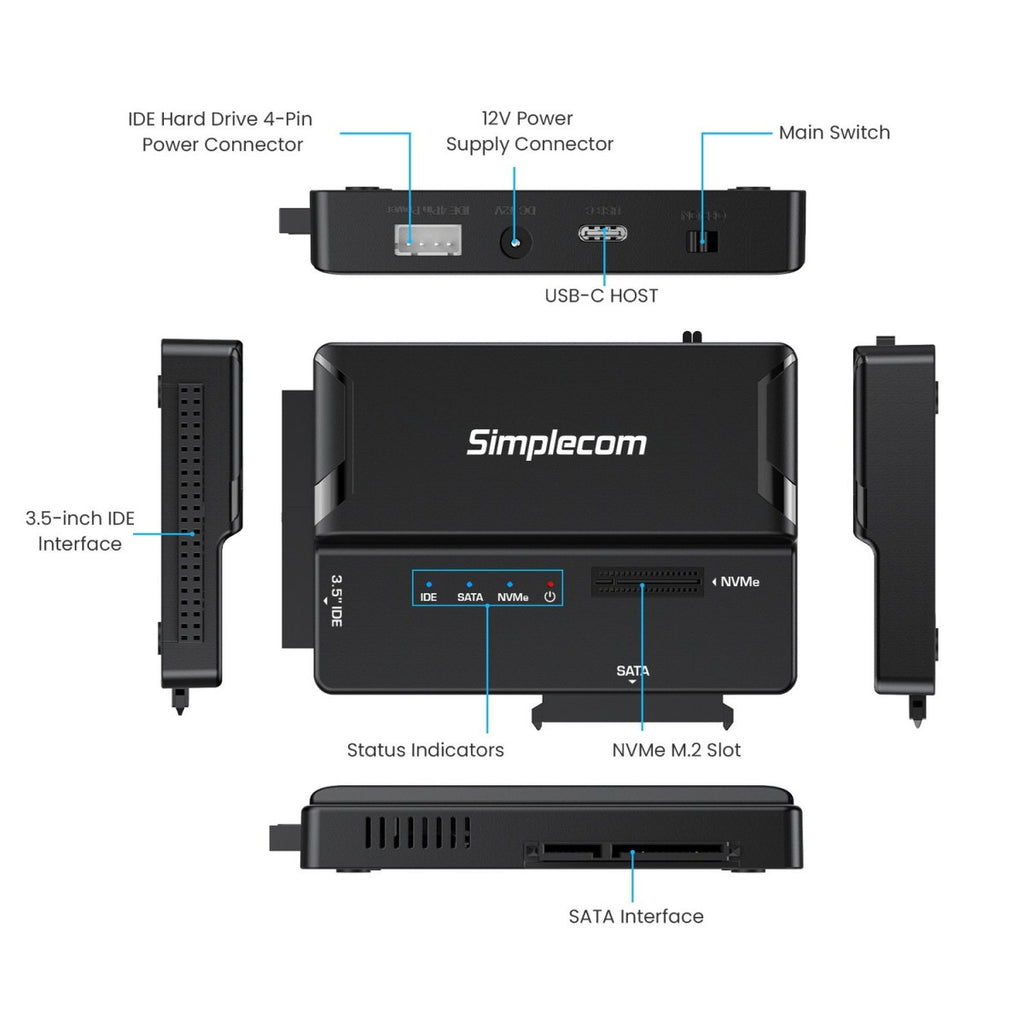 Simplecom SA539 USB to M.2/SATA/IDE 3-IN-1 Adapter for 2.5"/3.5" HDD & NVMe M.2 SSD with Power Supply - Image 4