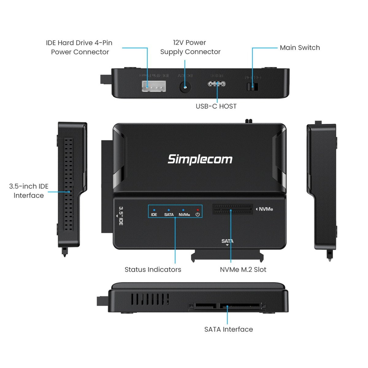 Simplecom SA539 USB to M.2/SATA/IDE 3-IN-1 Adapter for 2.5"/3.5" HDD & NVMe M.2 SSD with Power Supply - Image 4