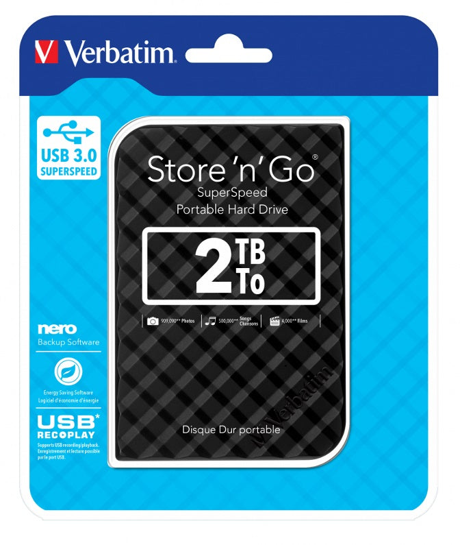 Verbatim 2TB 2.5" USB 3.0 Black Store'n'Go HDD Grid Design, Ultra Portable, High Speed & Capacity. Backup and Store + Nero Backup Software - Image 2