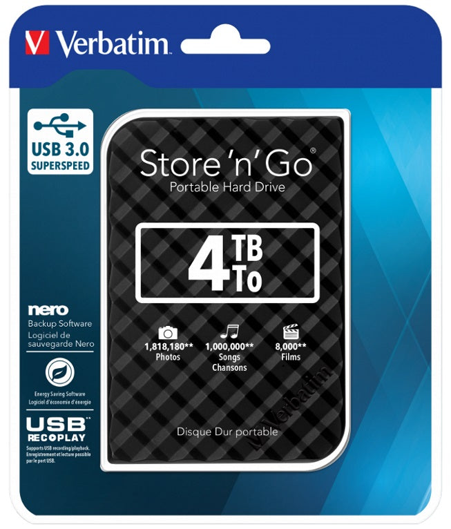 Verbatim 4TB 2.5" USB 3.0 Black Store'n'Go HDD Grid Design. - Image 1