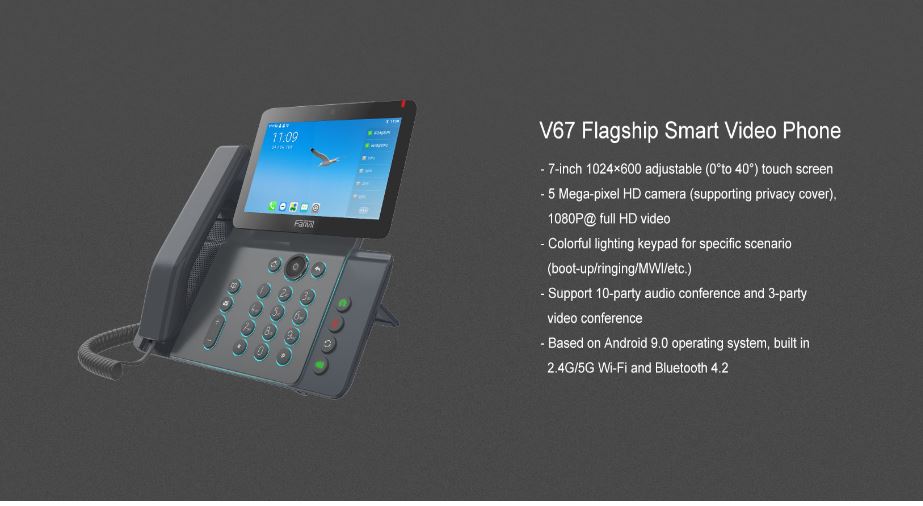 Fanvil V67 Enterprise IP Phone, 7" Touch Screen, 5mp Camera, Andriod 9.0, Built in Wifi, BT, Wall Mountable, Upto 116 DSS Keys, 20 Lines, 2 Year WTY - Image 4