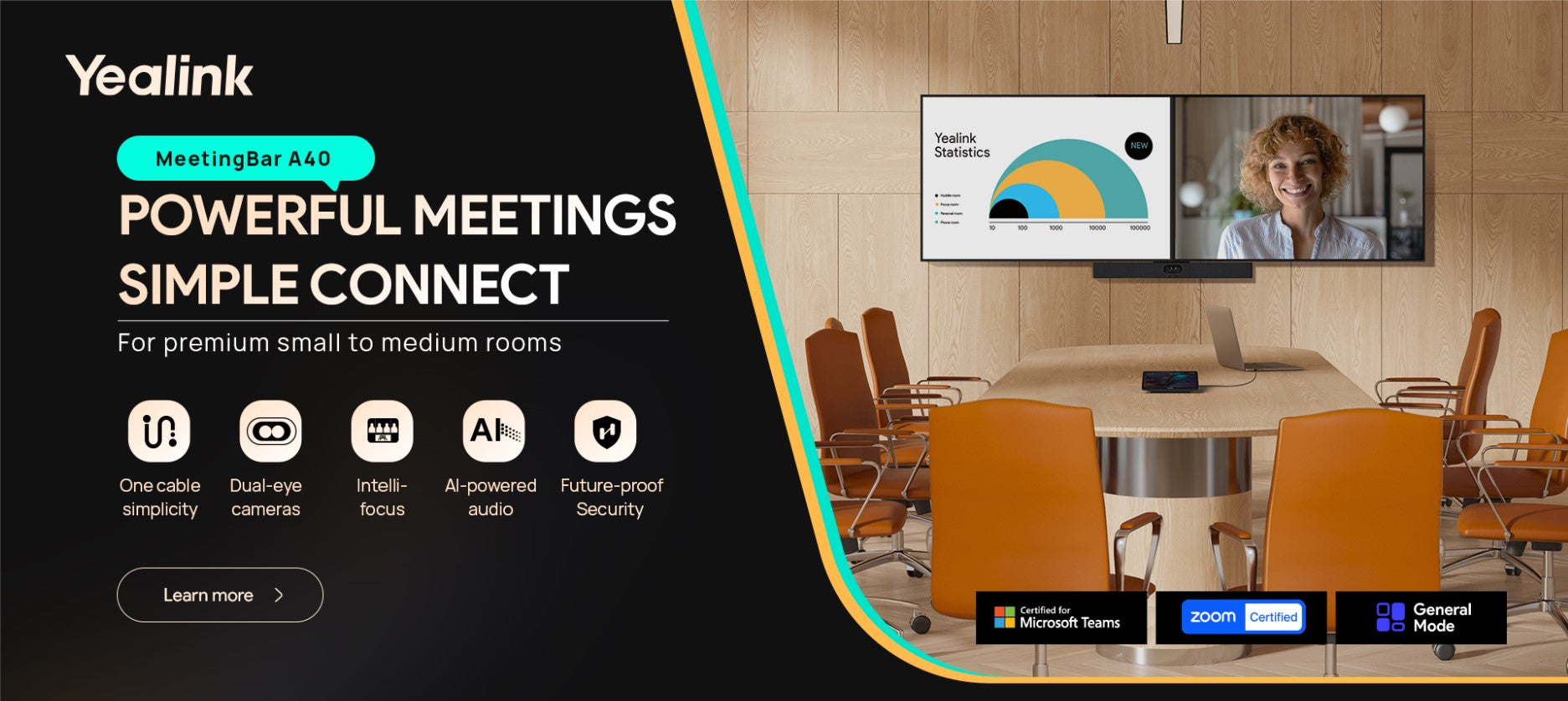 Yealink MeetingBar A40 Microsoft Teams and Zoom Rooms on Android, For Small toMedium Room, 10-15 people,Two 4K Cameras, Auto Framing, Speaker Tracking - Image 2