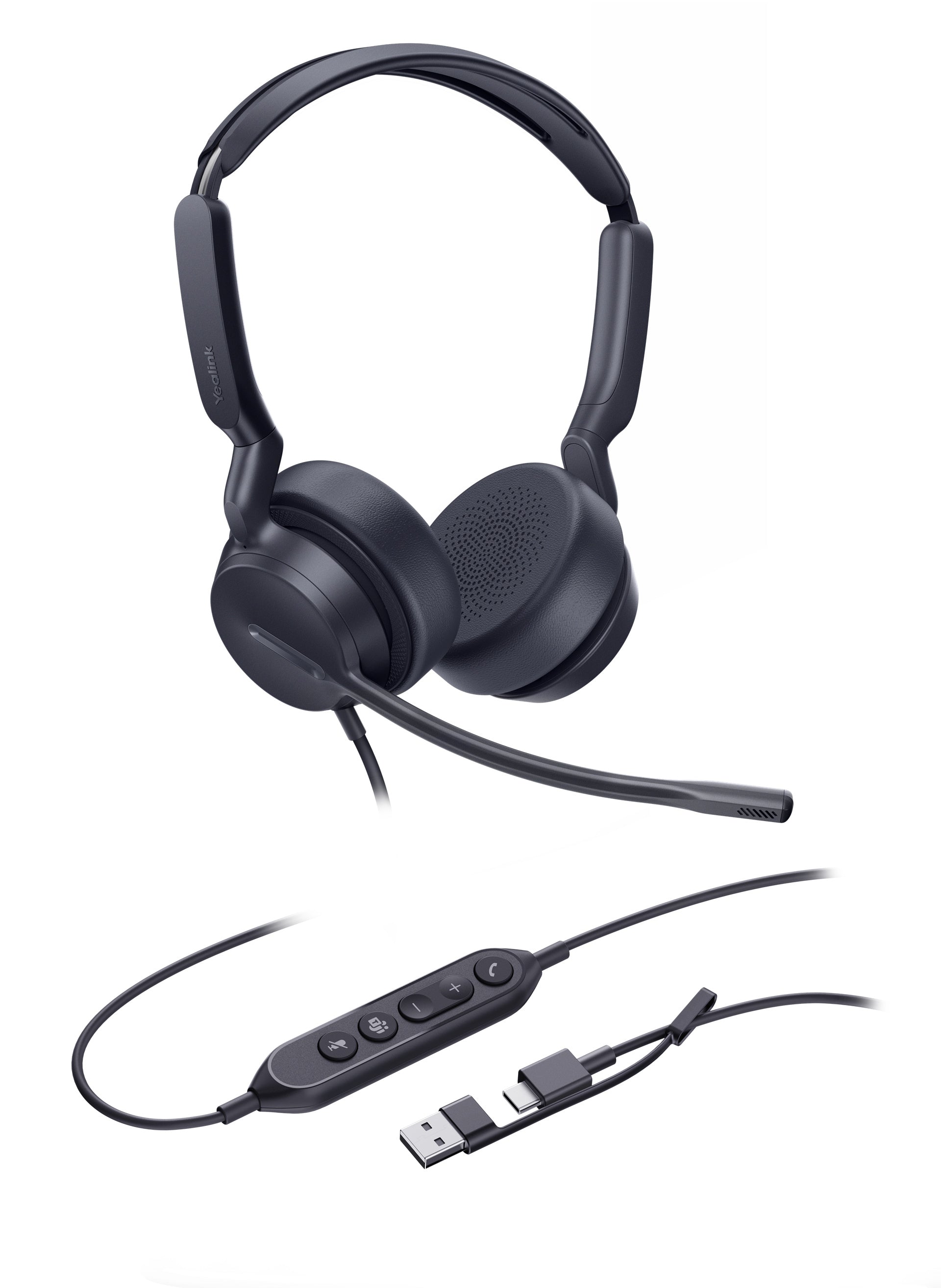 Yealink UH42 Dual Teams USB-C/A Microsoft Certified Teams USB Wired Headset, Noise-Canceling Microphone, Leather Ear Cushions Controller Teams  button - Image 1