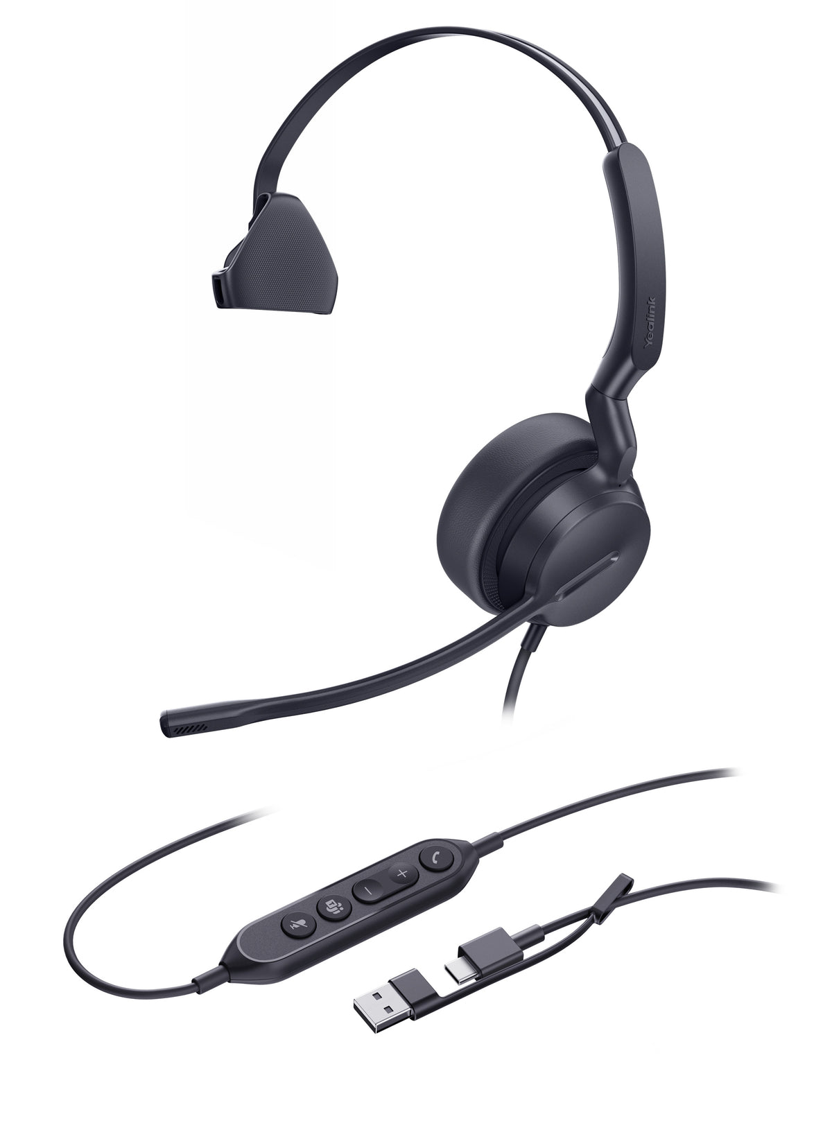 YealinkUH42 Mono UC USB-C/A USB Wired Headset, Noise-Canceling Microphone, Leather Ear Cushions, Controller, USB-C  cord with USB-A adapter - Image 2
