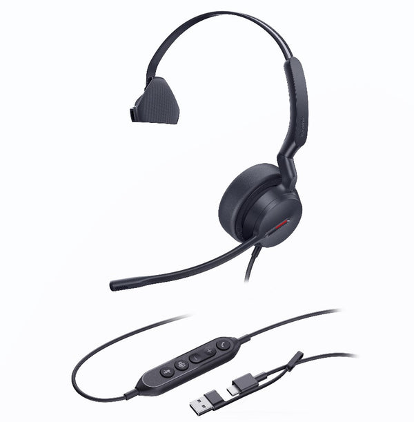 Yealink UH44 Mono Teams USB-C/A Microsoft Certified USB Wired Headset, Dual Noise-Canceling Microphones, 35mm Speaker, Busylight Leather Ear Cushions