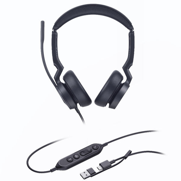 Yealink UH46 Dual Teams USB-C/A Microsoft  Certified Teams USB Wired Headset 3-Noise-Canceling Microphones 35mm Speaker Busylight Leather Controller