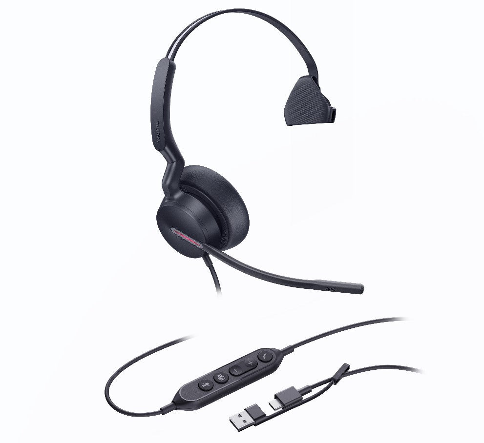 Yealink UH46 Mono Teams USB-C/A Microsoft Certified Teams USB Wired Headset 3-Noise-Canceling Microphones 35mm Speaker Busylight Leather Controller - Image 2