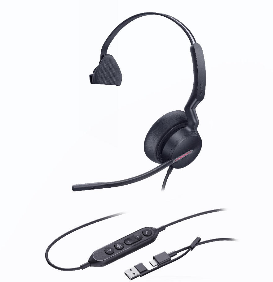 Yealink UH46 Mono Teams USB-C/A Microsoft Certified Teams USB Wired Headset 3-Noise-Canceling Microphones 35mm Speaker Busylight Leather Controller - Image 1