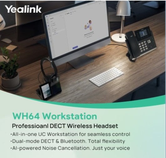 Yealink WH64 Dual Workstation, Yealink WH64 Workstation is an industry-leading DECT wireless headset with dual/single-ear options for seamless desktop - Image 1