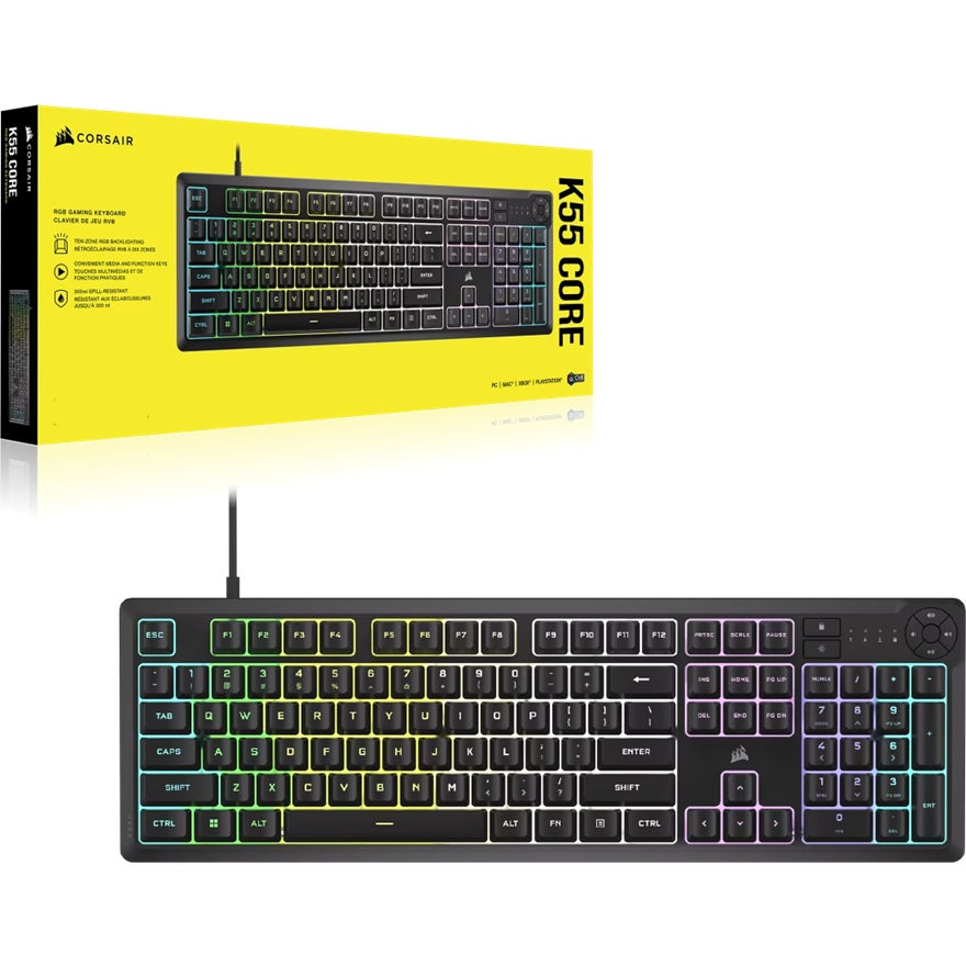 Corsair K55 CORE RGB Gaming Keyboard — Black, Extended layout, 12KRO, 6 macro keys, rubber dome switches, USB wired, iCUE support, media controls - Image 1