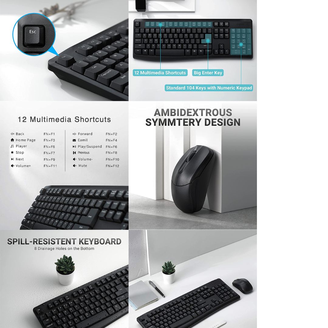 RAPOO X1800Pro Wireless Mouse & Keyboard Combo - 2.4G, 10M Range, Optical, Long Battery, Spill-Resistant Design,1000 DPI, Nano Receiver, Office Choice - Image 2