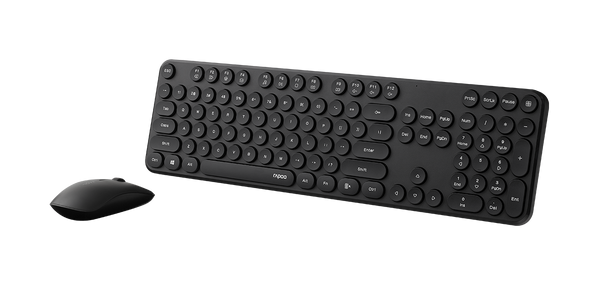 RAPOO Wireless Stylish, Spill-Resistant, Retro Style Round Key, 1000DPI, 2.4G Connection, 10M Range, Nano Receiver, Optical Mouse & Keyboard Black