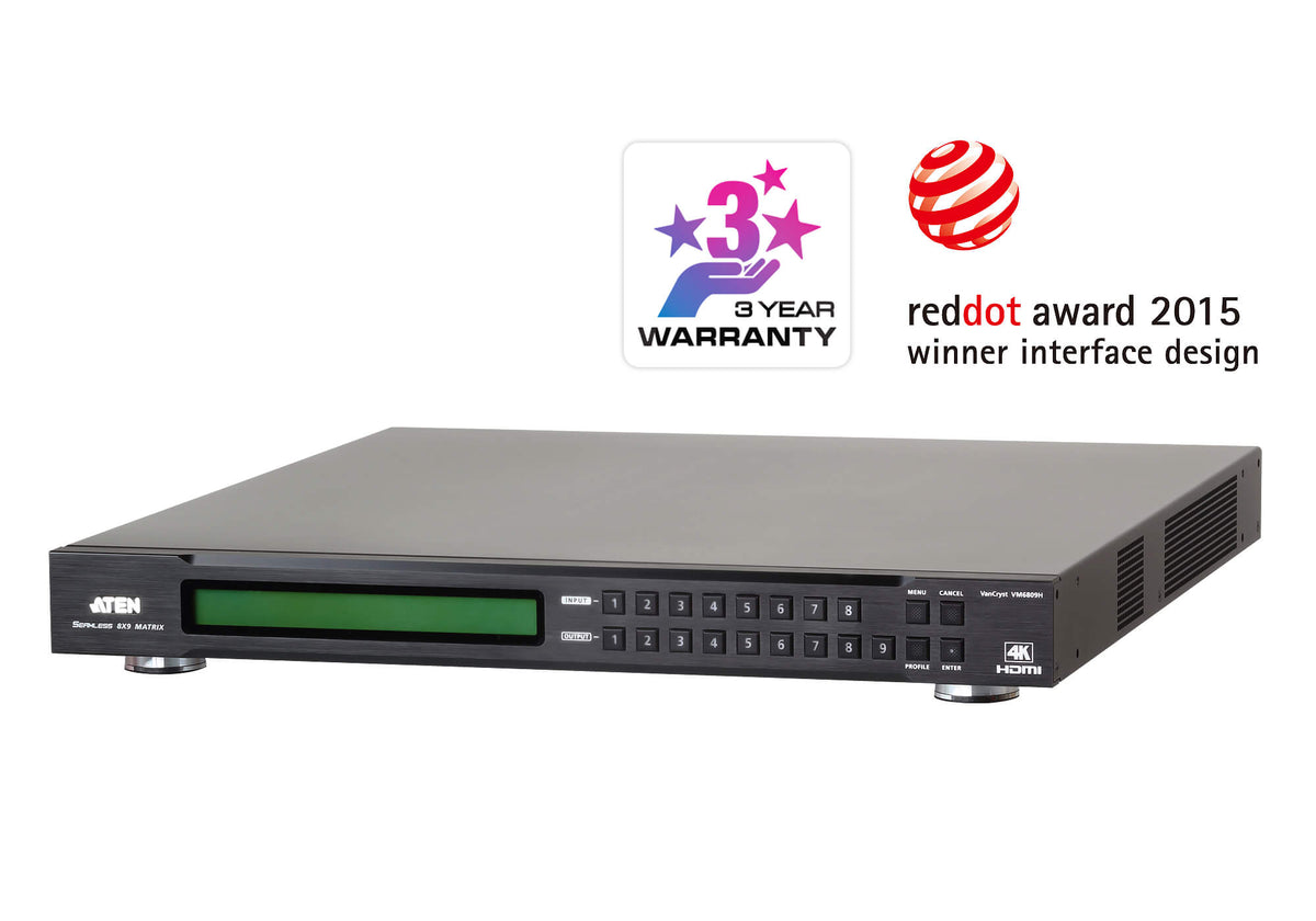 Aten Professional Matrix 8x9 4K HDMI Matrix with Scaler, Seamless Switch, control via front-panel pushbuttons, IR remote and RS232 control - Image 1
