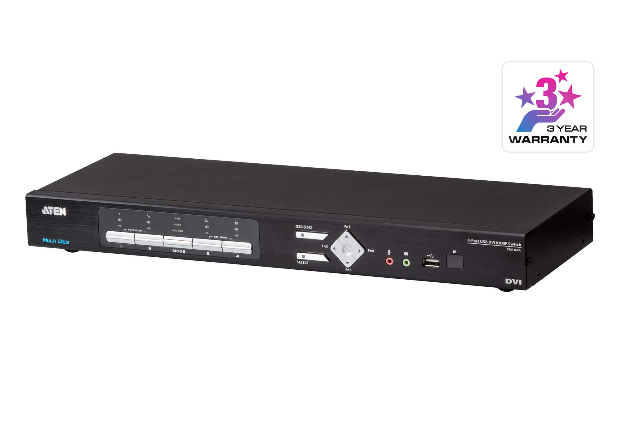 Aten 4-Port DVI Multi-View KVMP Switch, Quad View with Picture in Picture, support up to 1920 x 1200 @ 60 Hz, 4 DVI USB KVM Cables Included - Image 1