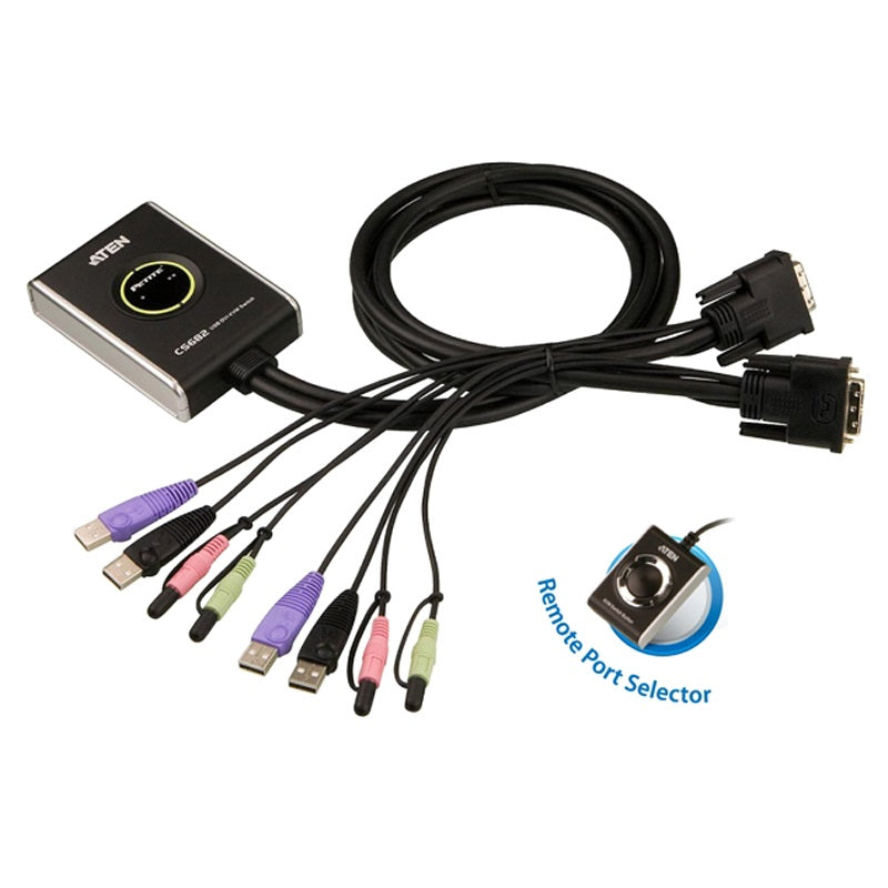 Aten Compact KVM Switch 2 Port Single Display DVI w/ audio, 1.2m Cable, Remote Port Selector, - Image 2