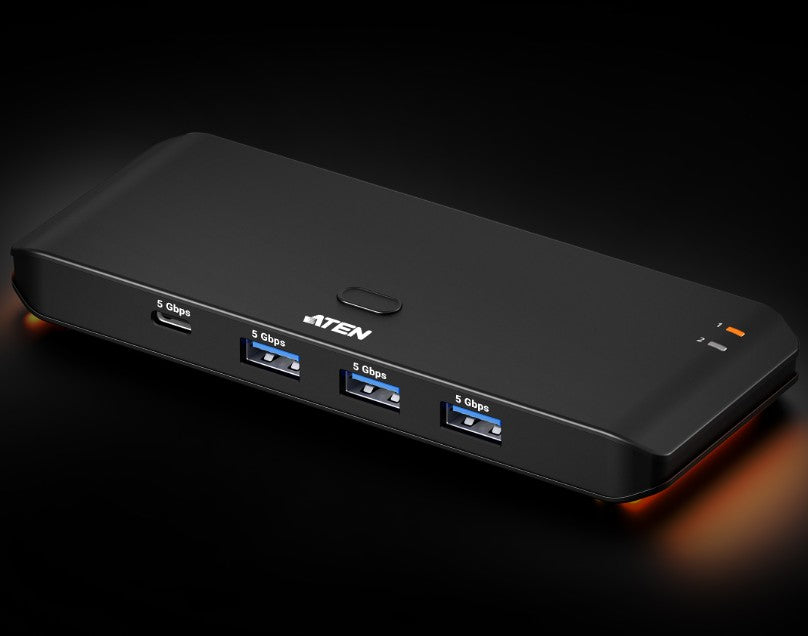 Aten Essential 2x4 USB 3.2 Gen 1 Sharing Switch (Host Type: A+C), USB Type-C host, 5 Gbps data transfer, Quick switch via pushbutton or Remote - Image 1