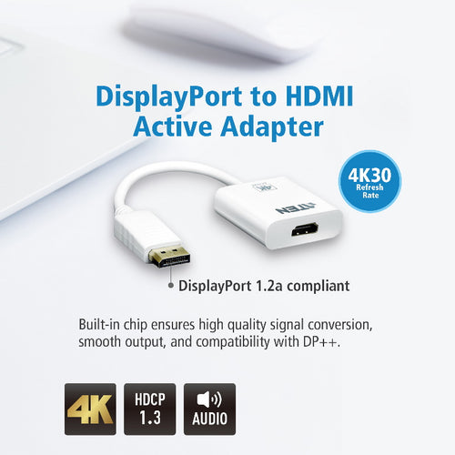 Aten 4K DisplayPort to HDMI Active Adapter, Supports VGA, SVGA, XGA, SXGA, UXGA, 1080p &  resolutions up to 4K UHD, Supports AMD Eyefinity, DP to HDMI - Image 1