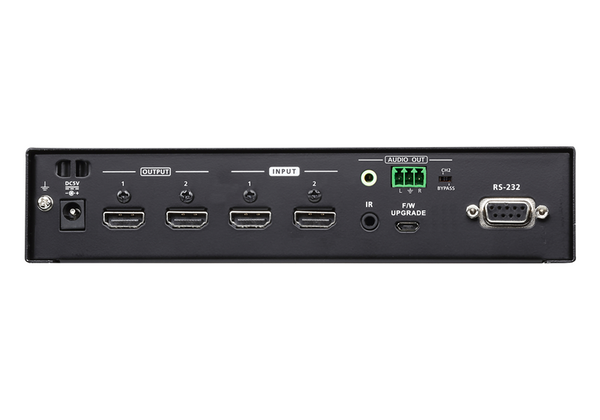 Aten VM0202HB 2x2 True 4K HDMI Matrix Switch with audio de-embedder, supports control via pushbuttons, IR remote or RS232 serial, Auto Switching