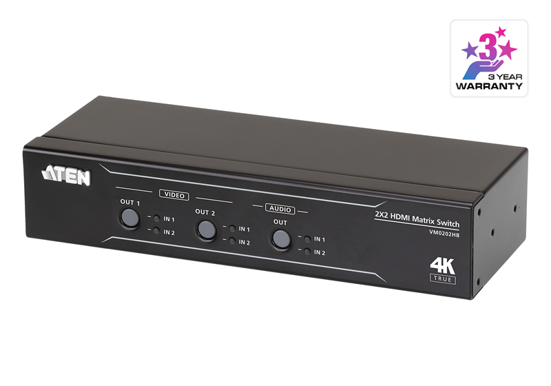 Aten VM0202HB 2x2 True 4K HDMI Matrix Switch with audio de-embedder, supports control via pushbuttons, IR remote or RS232 serial, Auto Switching - Image 4