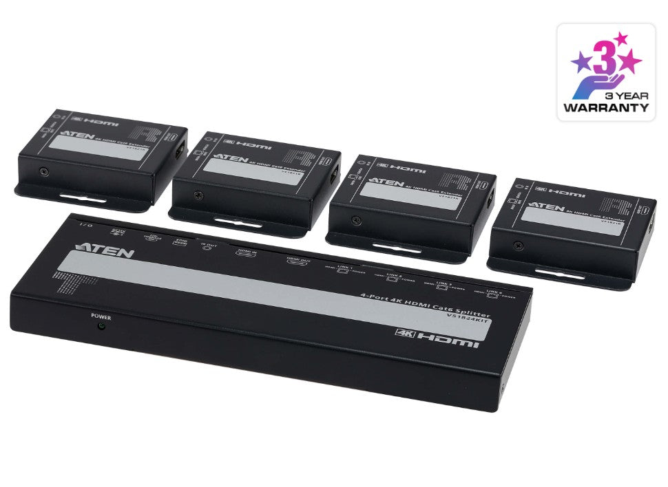 Aten VS1824KIT-AT-U 4-Port 4K HDMI Cat 6 Splitter with Receivers, 1 splitter and 4 receivers, Supports up to 4K @ 30 Hz, Power over Cable (PoC) - Image 1