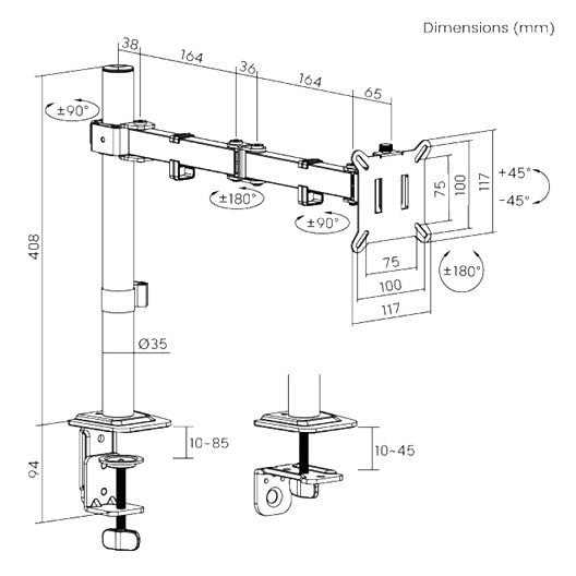 Brateck Flow Basic Articulating Monitor Arm Black, 17–32", VESA 75x75/100x100, Clamp/Grommet Mount, ±90° Swivel, Height Adjustable, Quick-Release VESA - Image 4