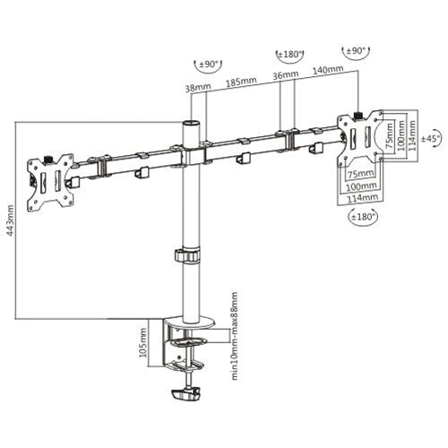 (LS)Brateck Dual Screens Economical Double Joint Articulating Steel Monitor Arm Fit Most 13’’-32’’ Monitors Up to 8kg per screen VESA 75x75/100x10 - Image 2