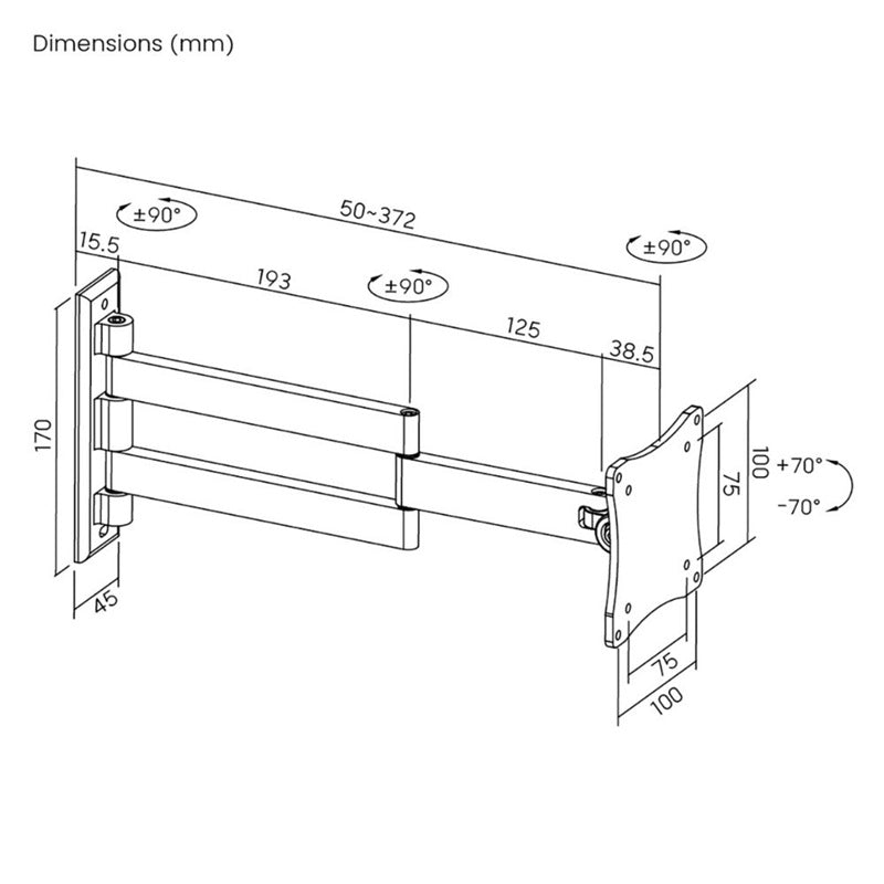 Brateck Aluminum Articulating TV Wall Mount, 13–27", 15kg Capacity, VESA 75x75/100x100, Full Motion, ±70° Tilt, ±90° Swivel, 50–372mm Extension - Image 2