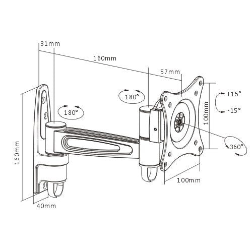 Brateck Single Monitor Wall Mount tilting & Swivel Wall Bracket Mount VESA 75mm/100mm For most 13''-27” LED, LCD flat panel TVs; up to 15kg - Image 2