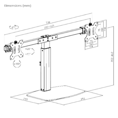 Brateck Dual Free Standing Screen Pneumatic Vertical Lift Monitor Stand Fit Most 17‘-27’ Monitors Up to 6kg per screen VESA 75x75/100x100 - Image 3