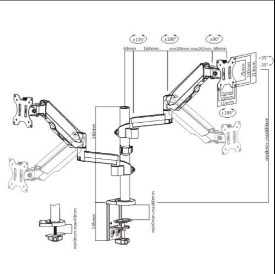 Brateck Dual Monitor Full Extension Gas Spring Dual Monitor Arm (independent Arms) Fit Most 17"-32" Monitors Up to 8kg per screen VESA 75x75/100x100 - Image 3