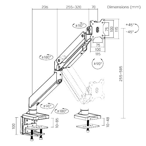 Brateck Single Monitor Heavy-Duty Gas Spring Aluminum Monitor Arm Fit Most 17"-35" Monitor Up to15kg per screen (LS) - Image 3