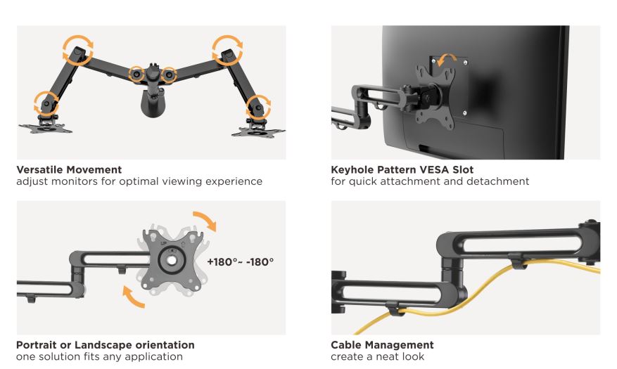 Brateck Dual Monitor Premium Aluminum Articulating Monitor Arm Fit Most 17"-32" Monitors Up to 8kg per screen VESA 75x75/100x100 - Image 2