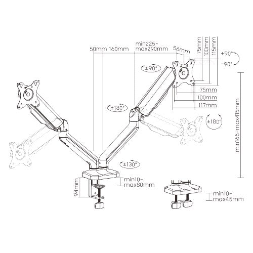 Brateck Cost-Effective Spring-Assisted Dual Monitor Arm Fit Most 17"-32" Monitor Up to 9KG VESA 75x75,100x100(Black) - Image 4