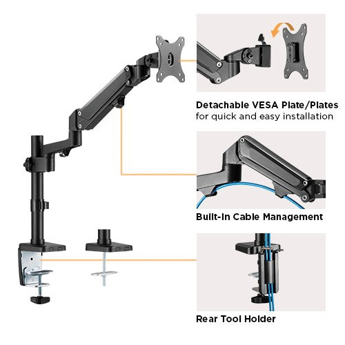 Brateck Single Monitor Heavy-Duty Aluminum Gas Spring Monitor Arm Fit Most 17" - 35" Monitors Up to12kg per screen VESA 75x75/100x100 - Image 4