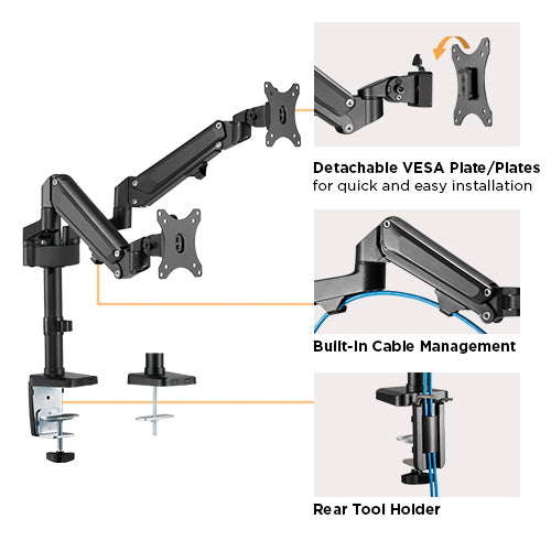 Brateck Dual Monitors Heavy-Duty Aluminum Gas Spring Monitor Arm Fit Most 17''-32'' Up to 12kg per screen VESA 75x75/100x100 (LS) - Image 4
