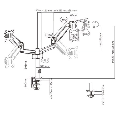 Brateck Dual Monitors Pole-Mounted Gas Spring Monitor Arm Fit Most 17"-32" Monitors Up to 9kg per screen VESA 75x75/100x100 - Image 2