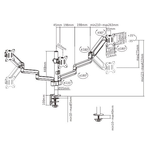 Brateck Triple Monitors Pole-Mounted Gas Spring Monitor Arm Fit Most 17"-27" Monitors Up to 7kg per screen VESA 75x75/100x100 - Image 2