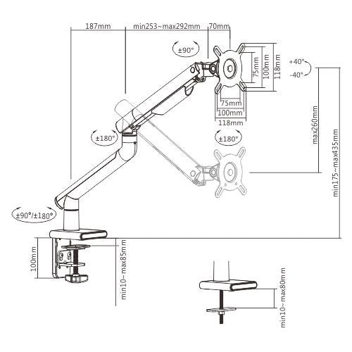Brateck Single Monitor Premium Slim Aluminum Spring-Assisted Monitor Arm Fix Most 17"-32" Monitor Up to 9kg per screen VESA 75x75/100x100 - White - Image 2