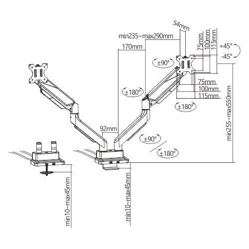 Brateck Dual Monitor Economy Heavy-Duty Gas Spring Monitor Arm with USD 3.0 Ports Fit Most 17"-35" Weight Capacity (per screen 15kg (LS) - Image 2