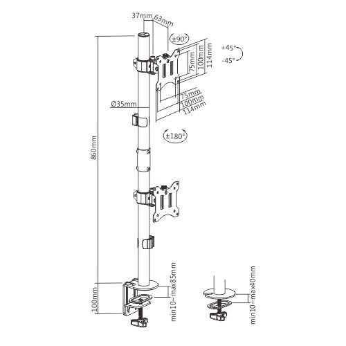 Brateck Vertical Pole Mount Dual-Screen Monitor Mount Fit Most 17"-32" Monitors, Up to 9kg per screen VESA 75x75/100x100 - Image 3