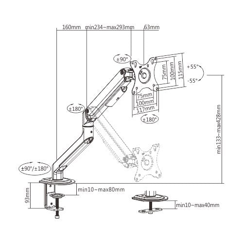 Brateck Single Monitor Economical Spring-Assisted Monitor Arm Fit Most 17"-32" Monitors, Up to 9kg per screen VESA 75x75/100x100 Matte Silver - Image 2