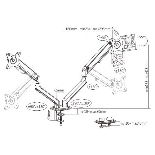 Brateck Dual Monitor Economical Spring-Assisted Monitor Arm Fit Most 17"-32" Monitors, Up to 9kg per screen VESA 75x75/100x100 Space Grey - Image 2