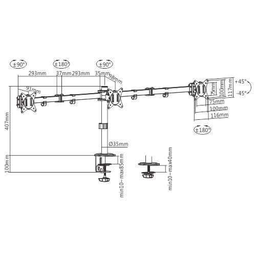 Brateck Triple-Monitor Steel Articulating Monitor Mount Fit Most 17"-27" Monitor Weight Capacity (per screen):7kg, VESA: 75x75,100x100(Black) - Image 4