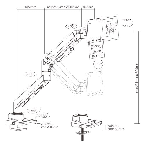 Brateck Fabulous Desk-Mounted Heavy-Duty Gas Spring Monitor Arm Fit Most 17"-49" Monitor Up to 20KG VESA 75x75,100x100 (Black) - Image 4