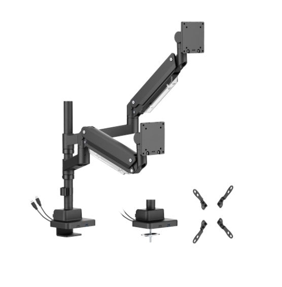 Brateck LDT80-C024UCP Matte Black Super Heavy-Duty Pole-Mounted Gas Spring Dual Monitor Arm with USB-A and USB-C Ports For most 24"-57" Monitors (LS) - Image 1