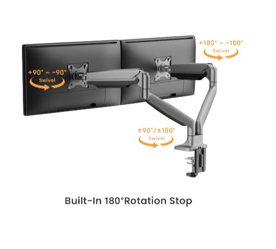 Brateck LDT82-C024UC Dual Screen Heavy-Duty Gas Spring Monitory Arm with USB Ports For most 17"~35" Monitors, Matte Silver (LS) - Image 4