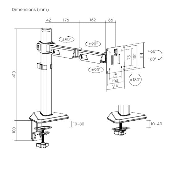 Brateck LDT89-C012 Amethyst Articulating Gaming Monitor Arm Matte Black, Fit Screen Size: 17"-40" Up to 12 KG, VESA 75x75,100x100 (LS) - Image 3